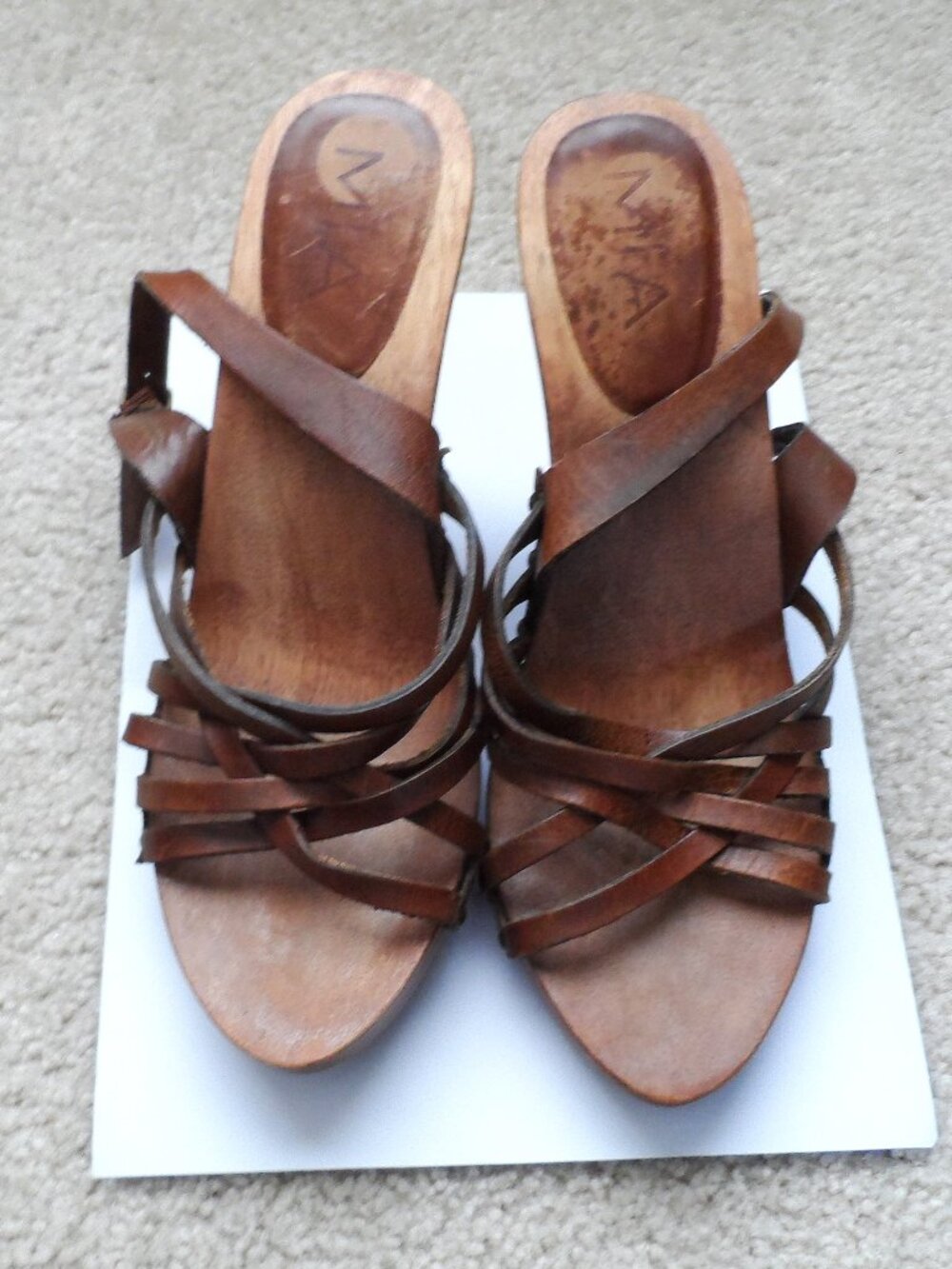 RARE Vintage 90s MIA WOODEN 4.25” Heel Leather Slingback Sandals Brown Size 8